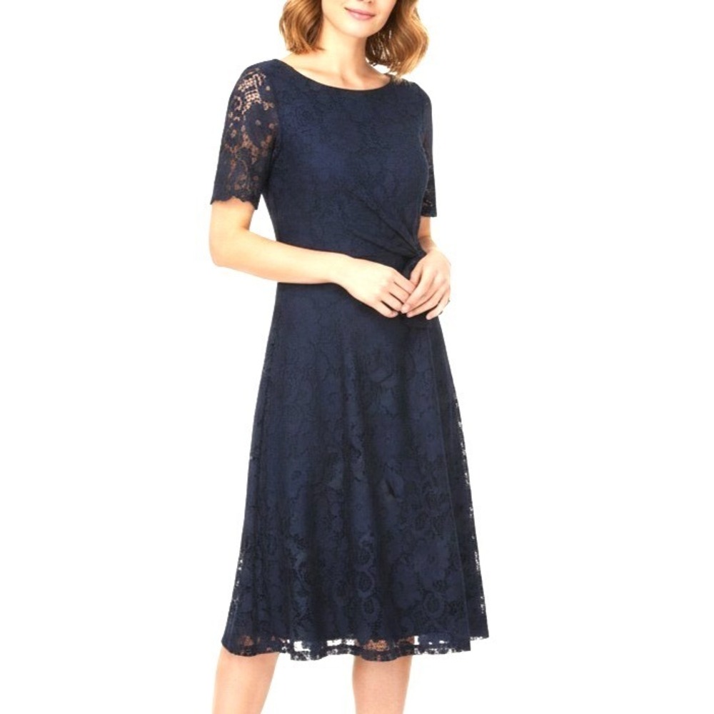 JACKIE JON Navy Blue SEQUIN LACE OVERLAY Zip COCKTAIL Tie Belt SHEATH DRESS Sz 6